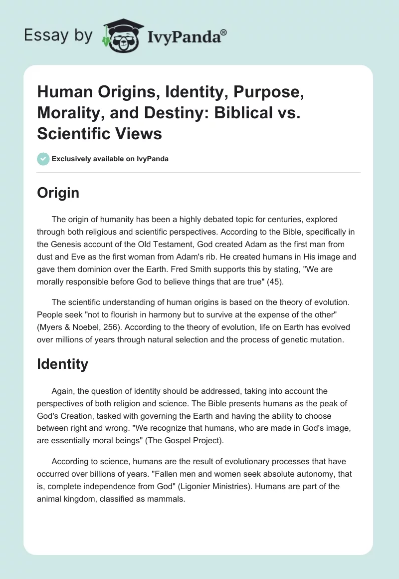 Human Origins, Identity, Purpose, Morality, and Destiny: Biblical vs. Scientific Views. Page 1