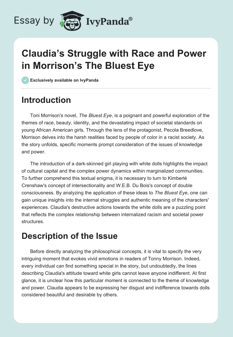 Claudia’s Struggle with Race and Power in Morrison’s The Bluest Eye. Page 1