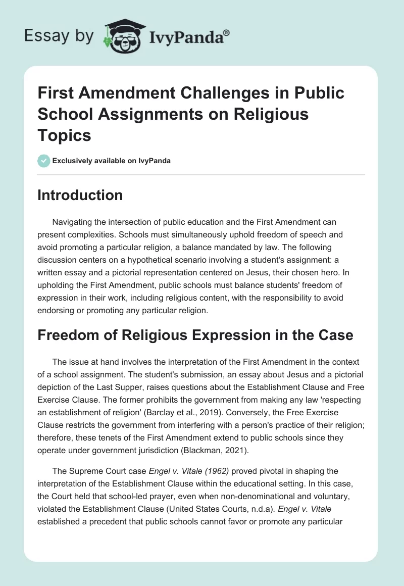 First Amendment Challenges in Public School Assignments on Religious Topics. Page 1