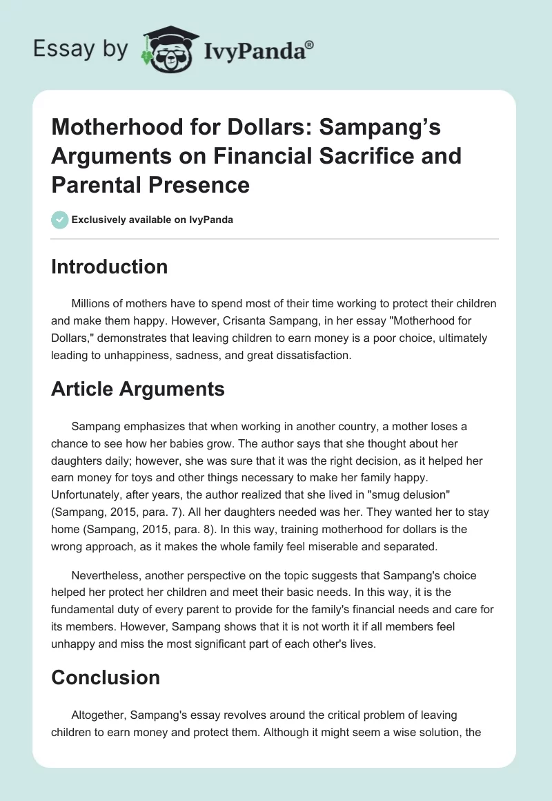 Motherhood for Dollars: Sampang’s Arguments on Financial Sacrifice and Parental Presence. Page 1