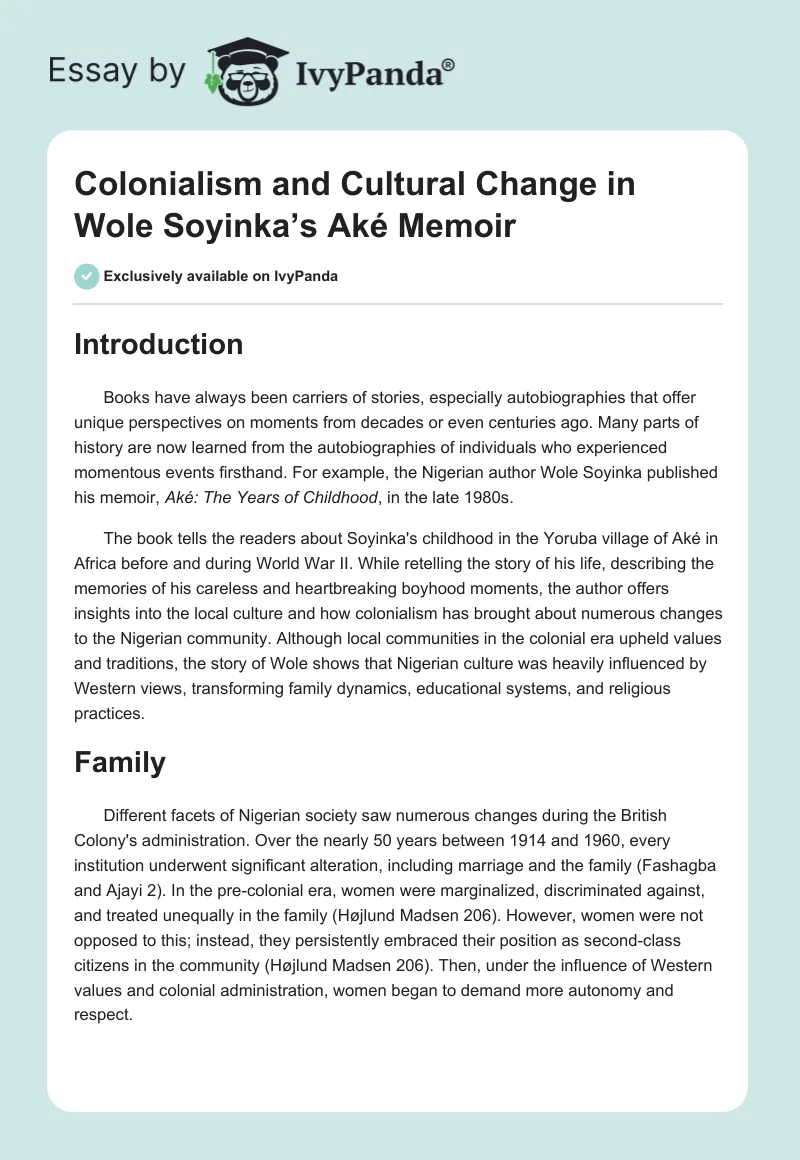 Colonialism and Cultural Change in Wole Soyinka’s Aké Memoir. Page 1