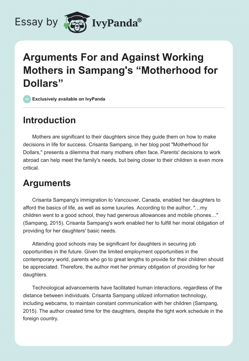 Arguments For and Against Working Mothers in Sampang's “Motherhood for Dollars”. Page 1
