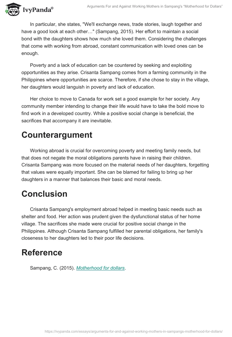 Arguments For and Against Working Mothers in Sampang's “Motherhood for Dollars”. Page 2