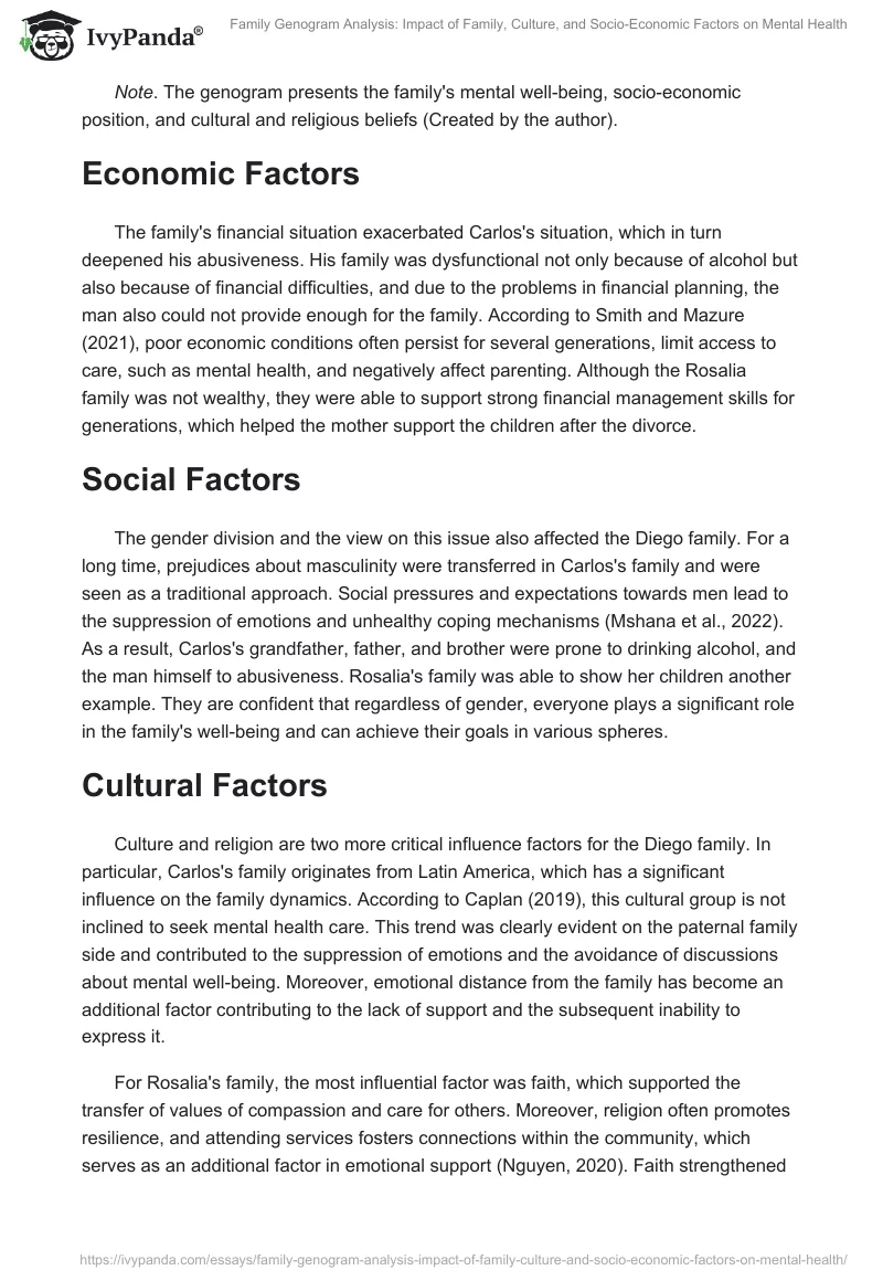 Family Genogram Analysis: Impact of Family, Culture, and Socio-Economic Factors on Mental Health. Page 2