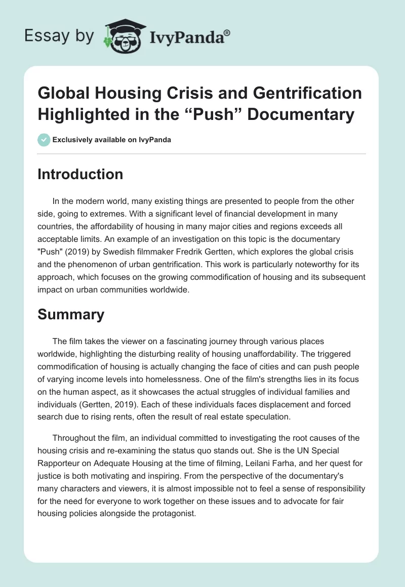 Global Housing Crisis and Gentrification Highlighted in the “Push” Documentary. Page 1