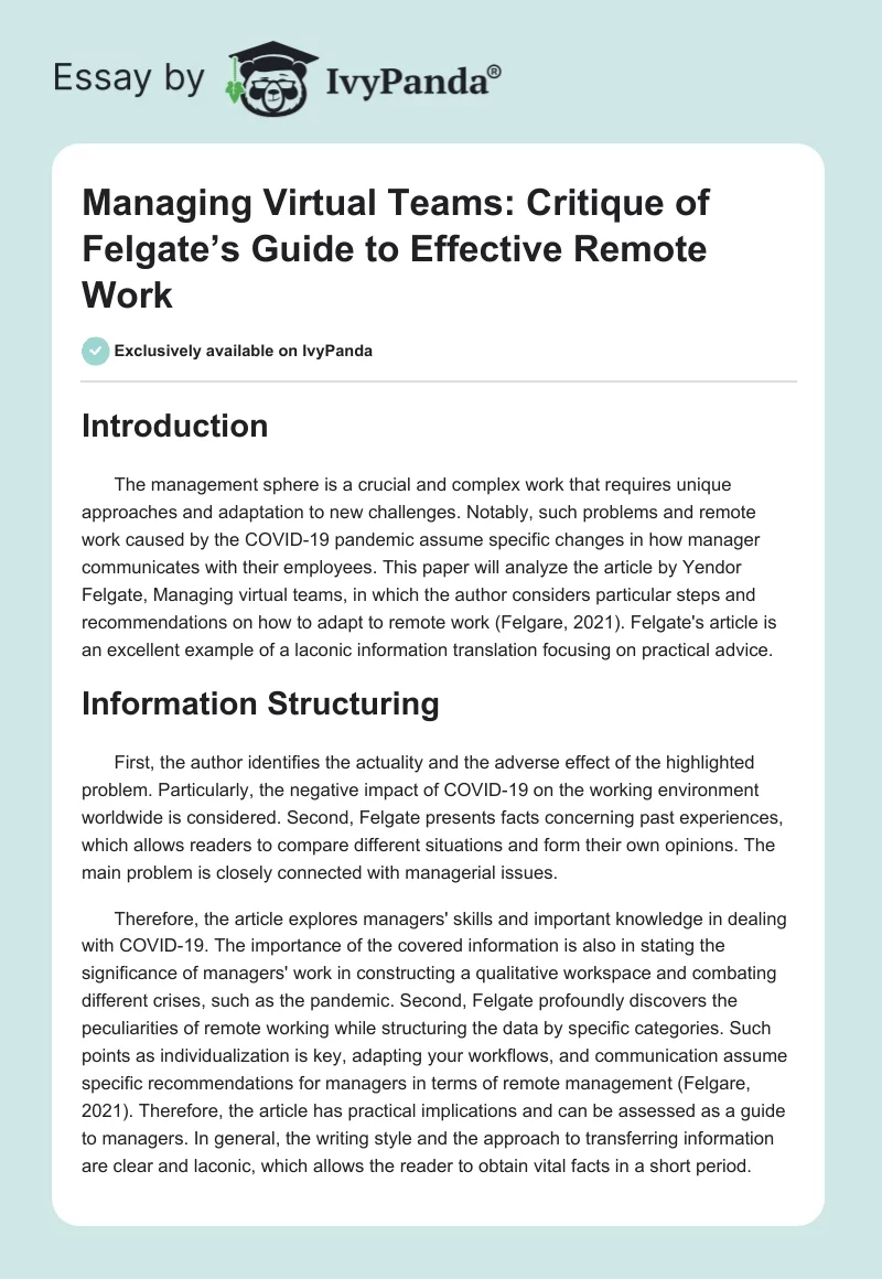 Managing Virtual Teams: Critique of Felgate’s Guide to Effective Remote Work. Page 1