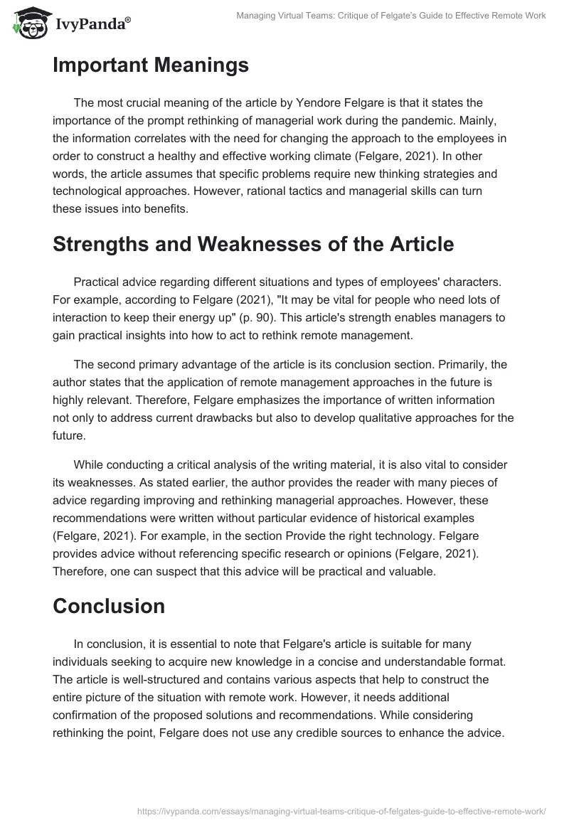 Managing Virtual Teams: Critique of Felgate’s Guide to Effective Remote Work. Page 2