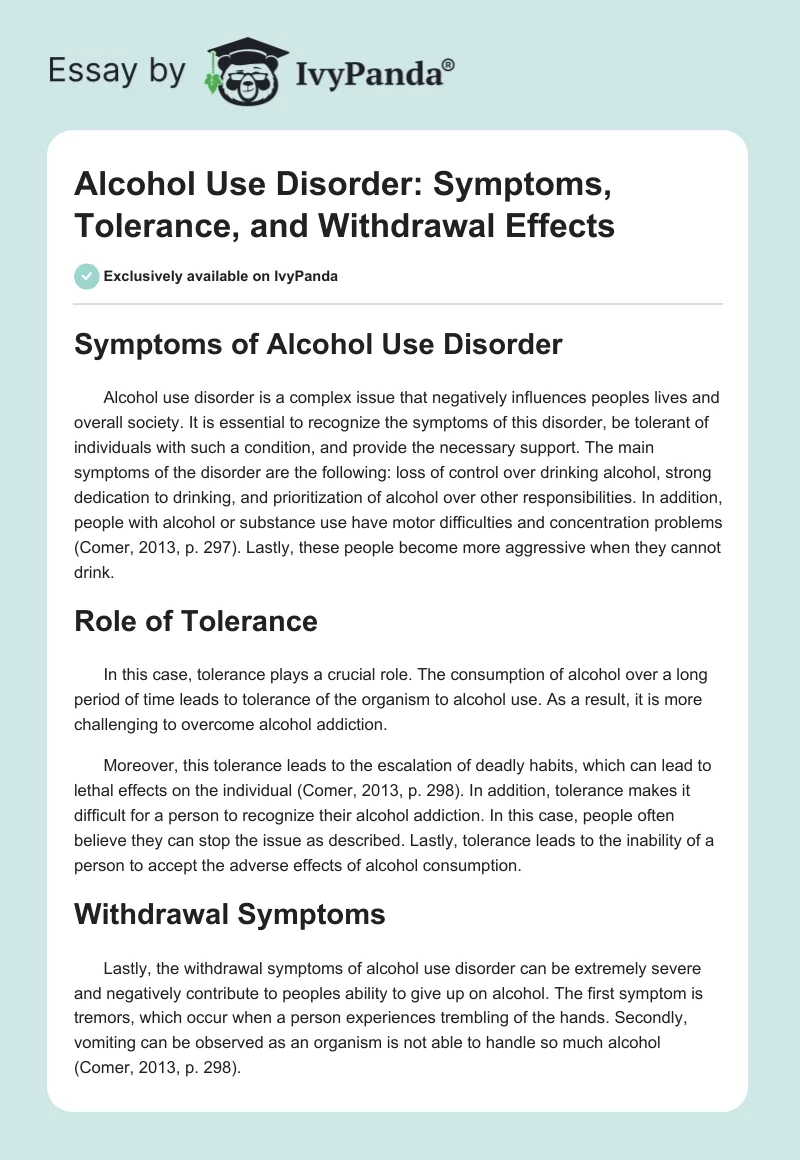 Alcohol Use Disorder: Symptoms, Tolerance, and Withdrawal Effects. Page 1