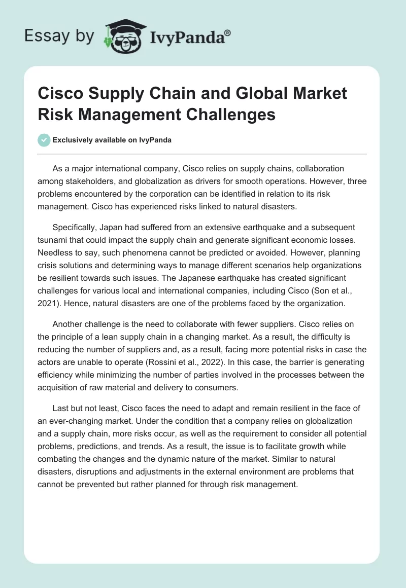 Cisco Supply Chain and Global Market Risk Management Challenges. Page 1