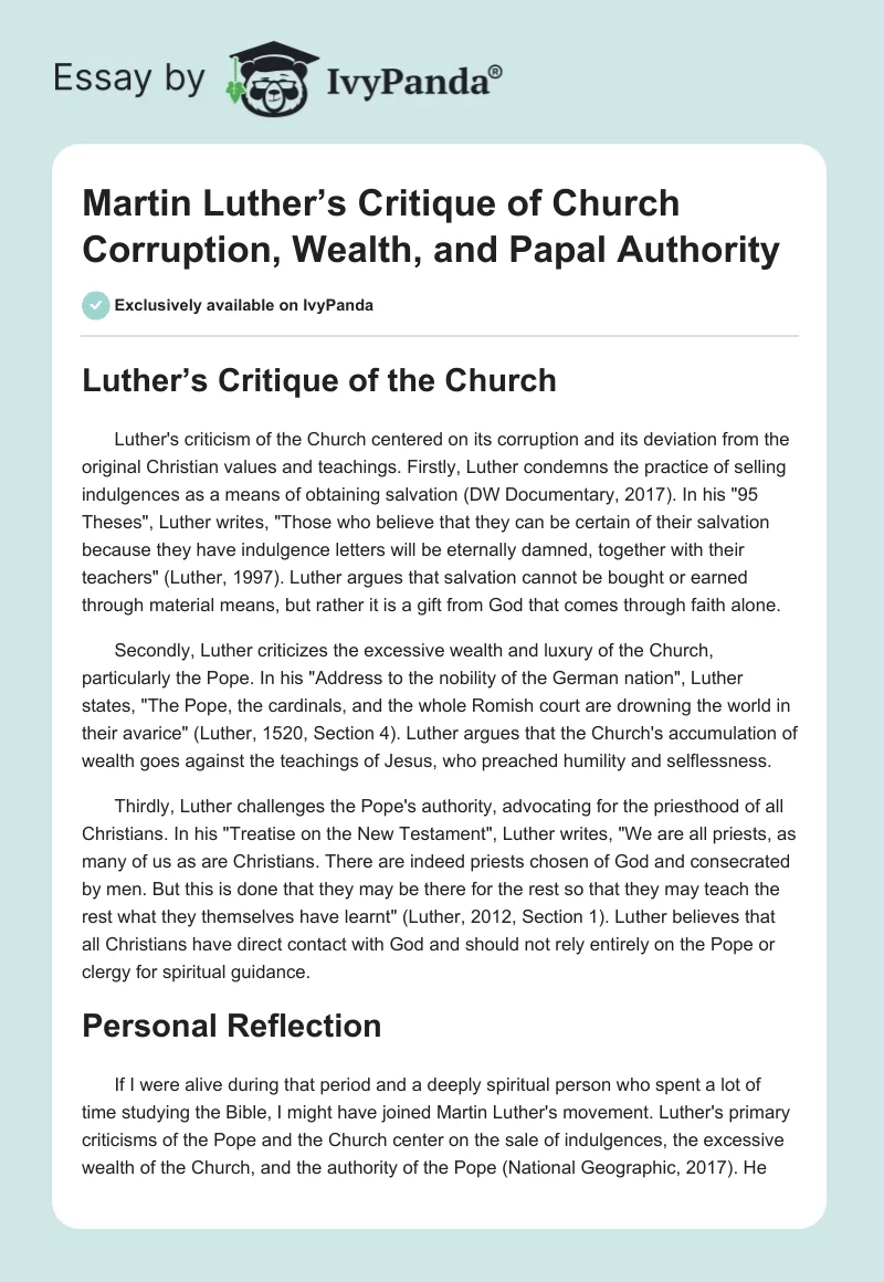 Martin Luther’s Critique of Church Corruption, Wealth, and Papal Authority. Page 1