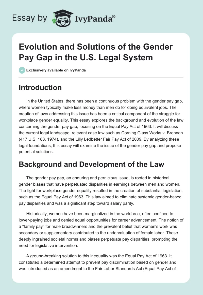 Evolution and Solutions of the Gender Pay Gap in the U.S. Legal System. Page 1