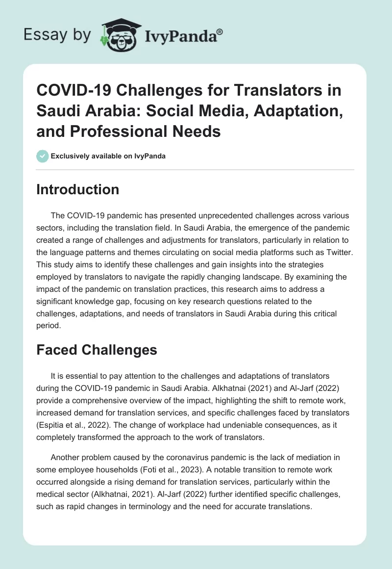 COVID-19 Challenges for Translators in Saudi Arabia: Social Media, Adaptation, and Professional Needs. Page 1
