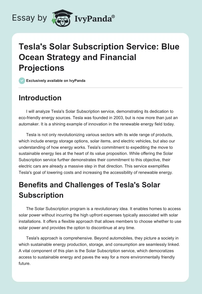 Tesla's Solar Subscription Service: Blue Ocean Strategy and Financial Projections. Page 1
