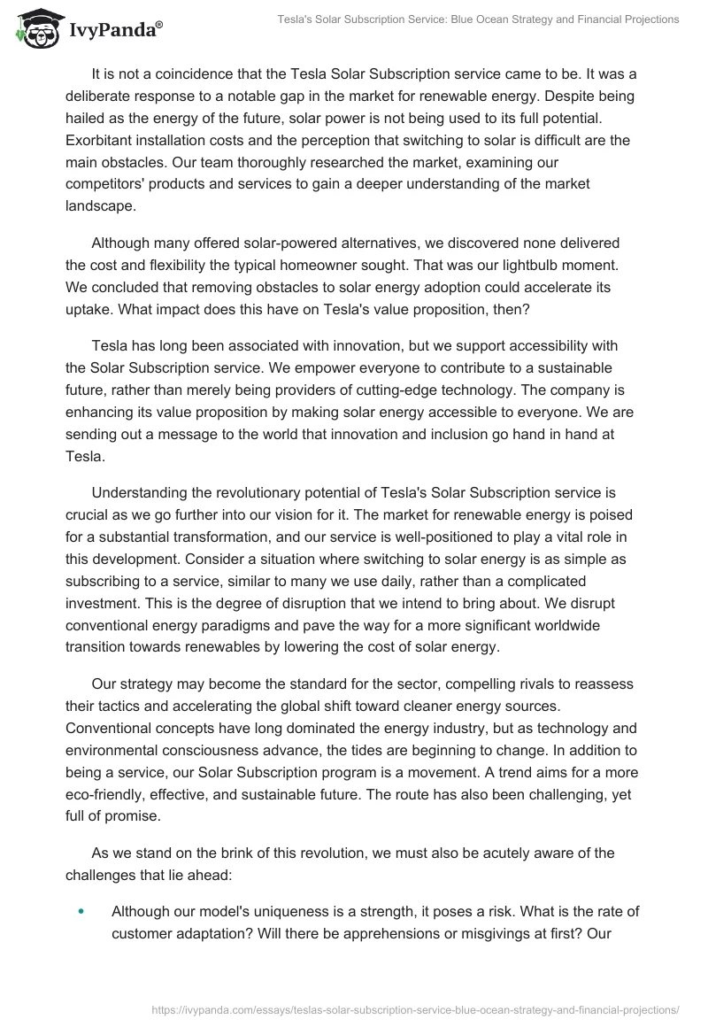 Tesla's Solar Subscription Service: Blue Ocean Strategy and Financial Projections. Page 2