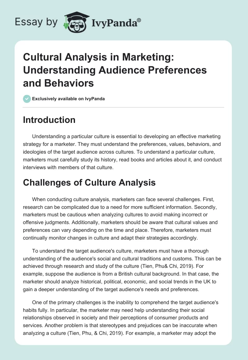 Cultural Analysis in Marketing: Understanding Audience Preferences and Behaviors. Page 1