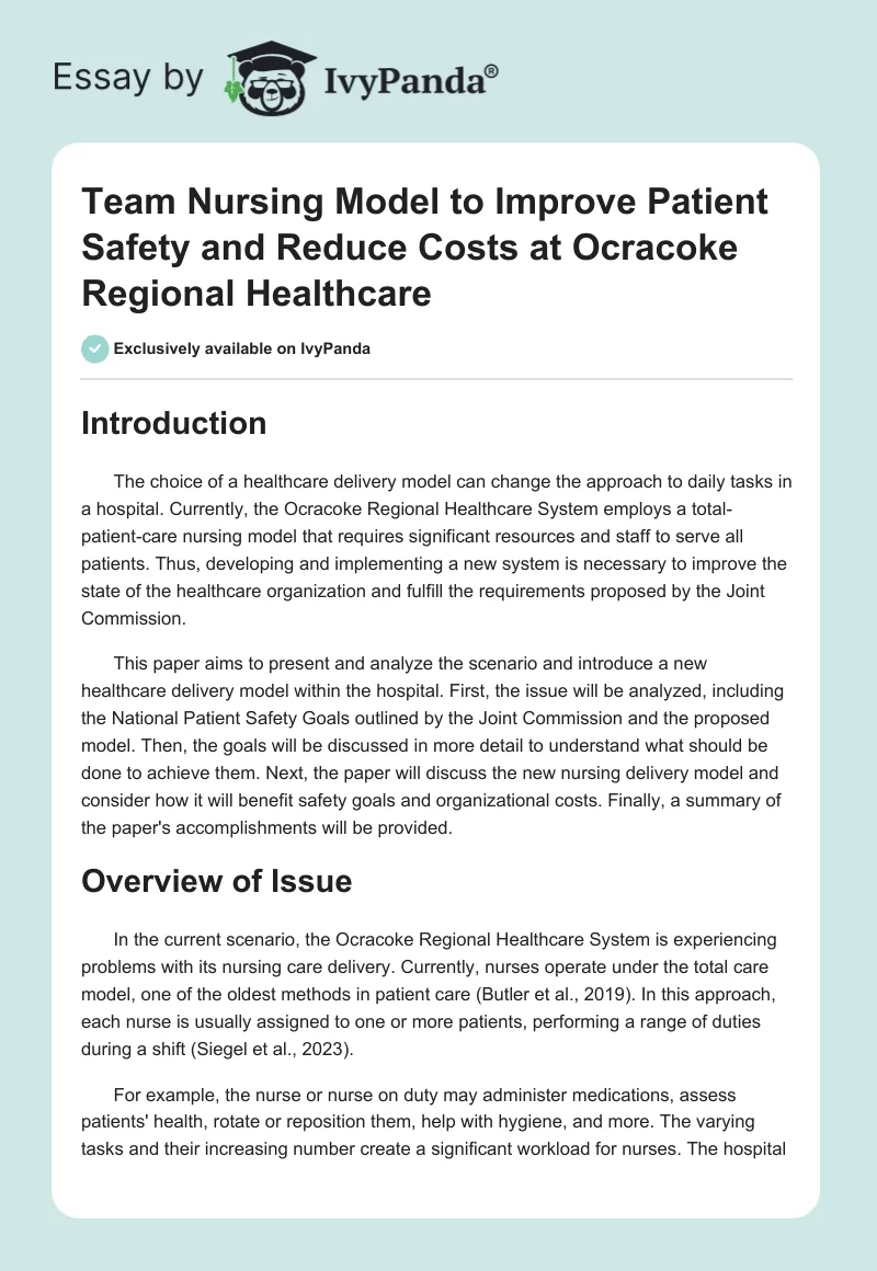 Team Nursing Model to Improve Patient Safety and Reduce Costs at Ocracoke Regional Healthcare. Page 1