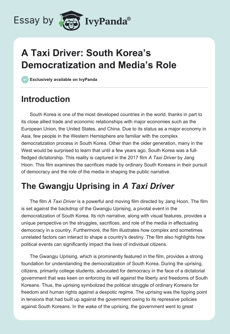 A Taxi Driver: South Korea’s Democratization and Media’s Role. Page 1