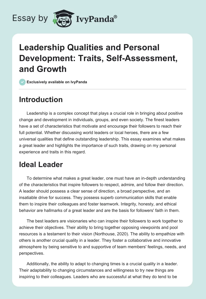 Leadership Qualities and Personal Development: Traits, Self-Assessment, and Growth. Page 1