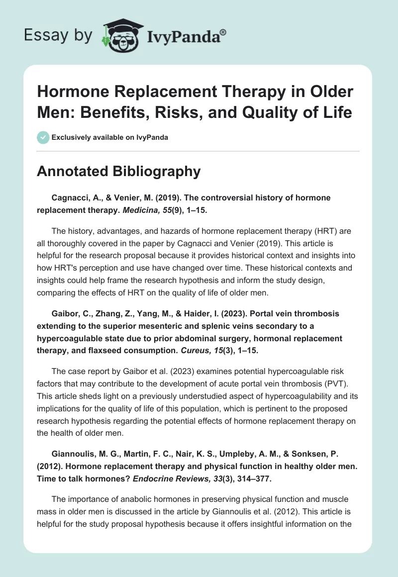 Hormone Replacement Therapy in Older Men: Benefits, Risks, and Quality of Life. Page 1