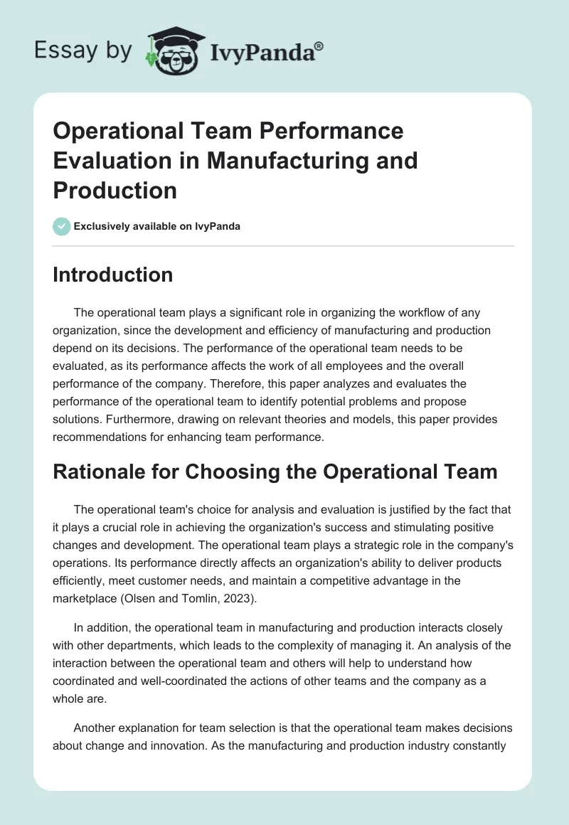 Operational Team Performance Evaluation in Manufacturing and Production. Page 1