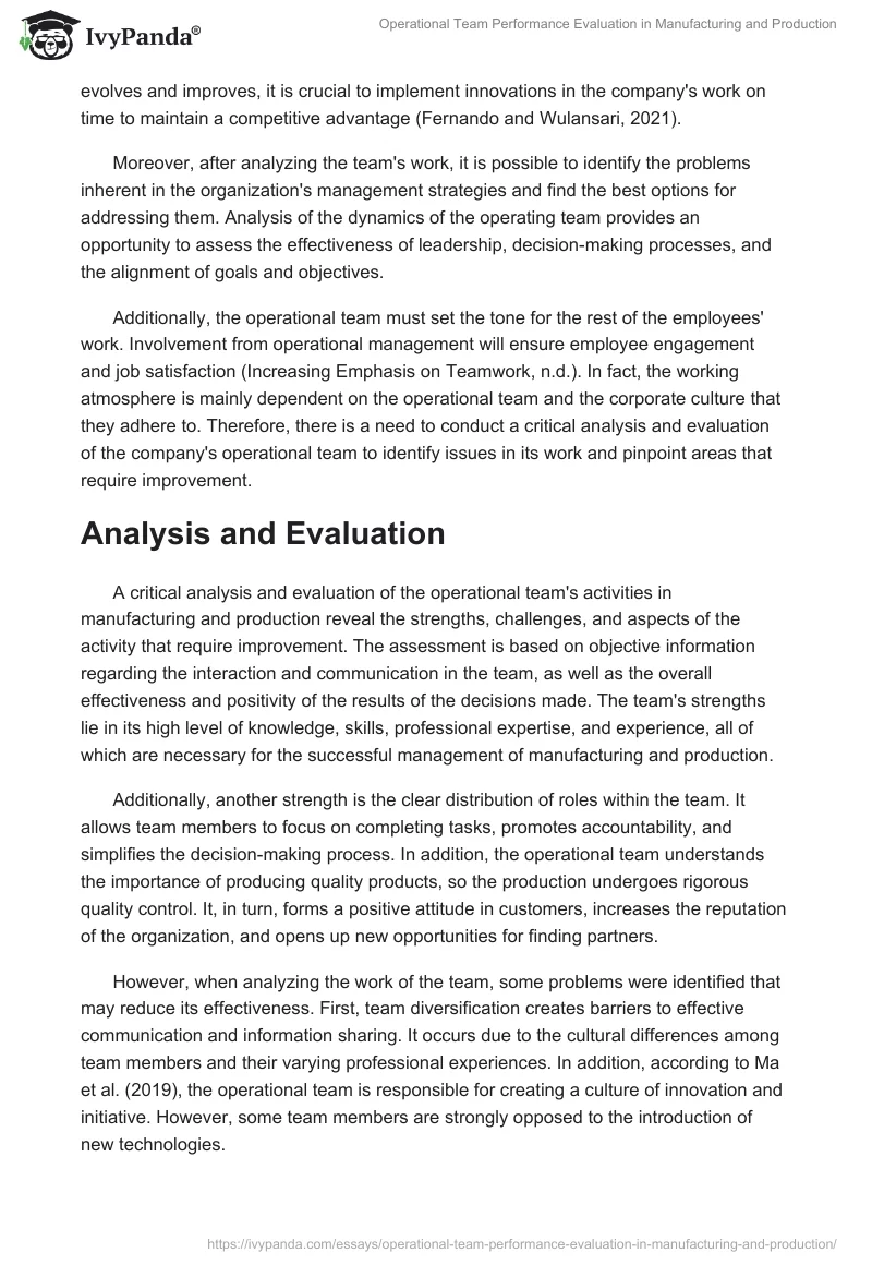 Operational Team Performance Evaluation in Manufacturing and Production. Page 2