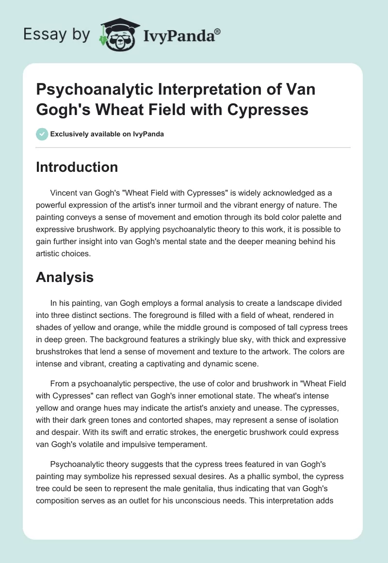 Psychoanalytic Interpretation of Van Gogh's "Wheat Field with Cypresses". Page 1
