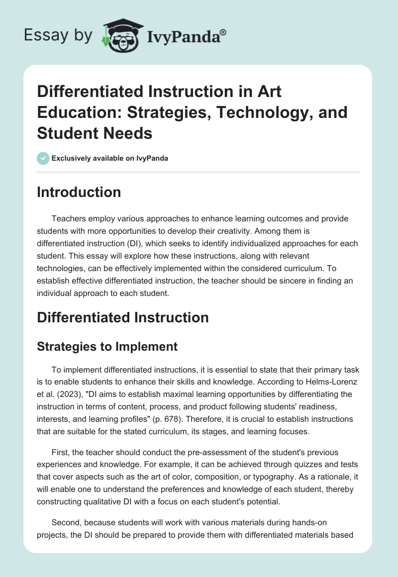 Differentiated Instruction in Art Education: Strategies, Technology, and Student Needs. Page 1