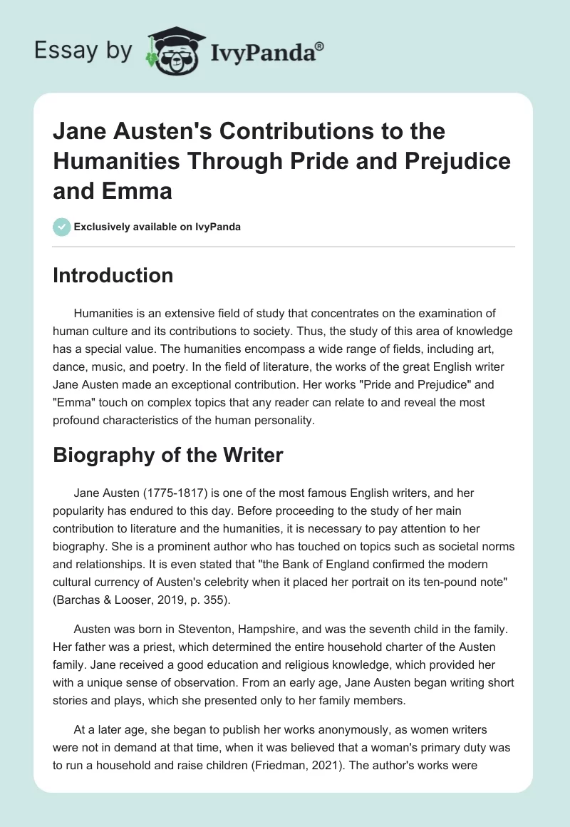 Jane Austen's Contributions to the Humanities Through "Pride and Prejudice" and "Emma". Page 1