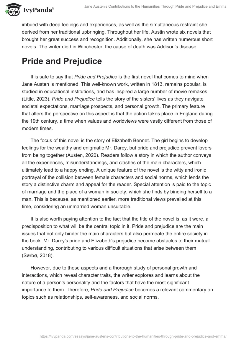 Jane Austen's Contributions to the Humanities Through "Pride and Prejudice" and "Emma". Page 2