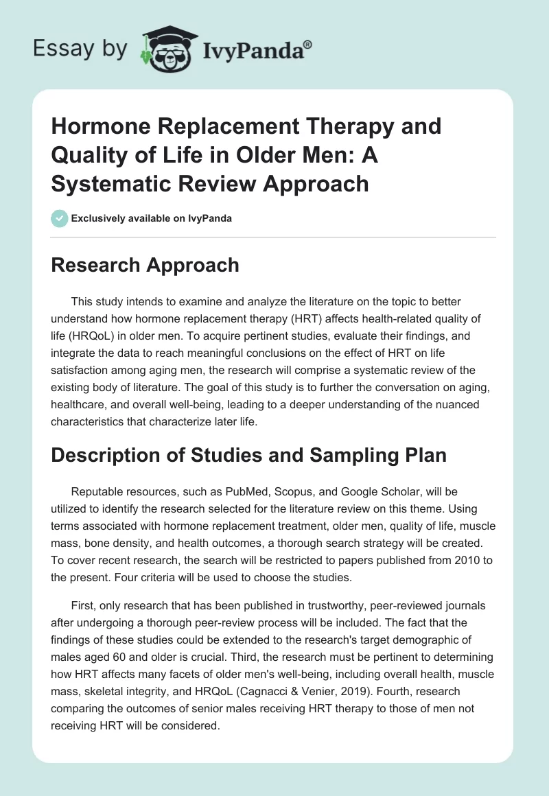 Hormone Replacement Therapy and Quality of Life in Older Men: A Systematic Review Approach. Page 1