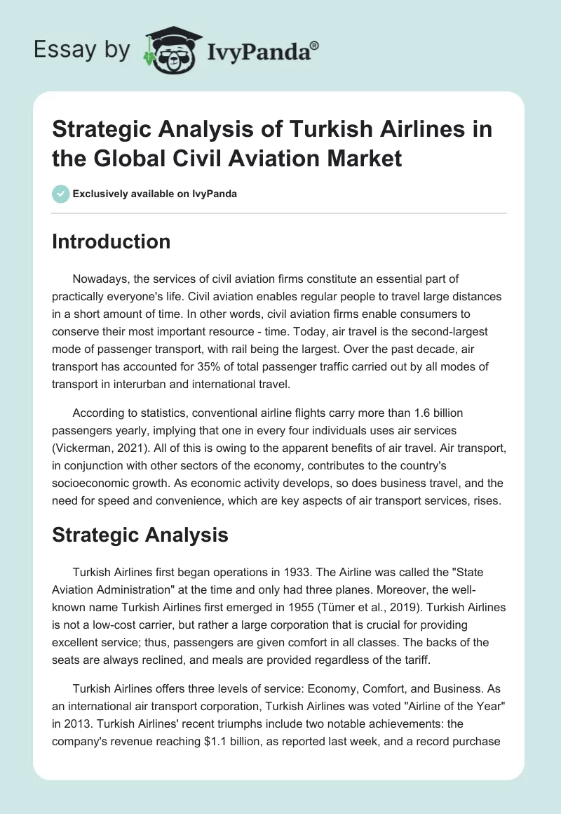 Strategic Analysis of Turkish Airlines in the Global Civil Aviation Market. Page 1