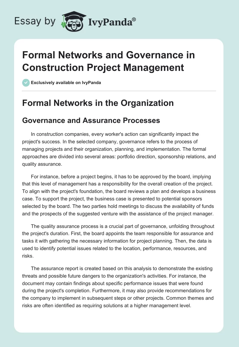 Formal Networks and Governance in Construction Project Management. Page 1