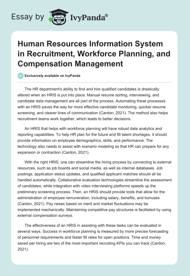 Human Resources Information System in Recruitment, Workforce Planning, and Compensation Management. Page 1