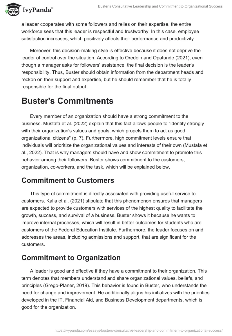 Buster’s Consultative Leadership and Commitment to Organizational Success. Page 2