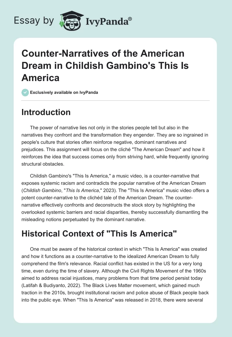 Counter-Narratives of the American Dream in Childish Gambino's "This Is America". Page 1
