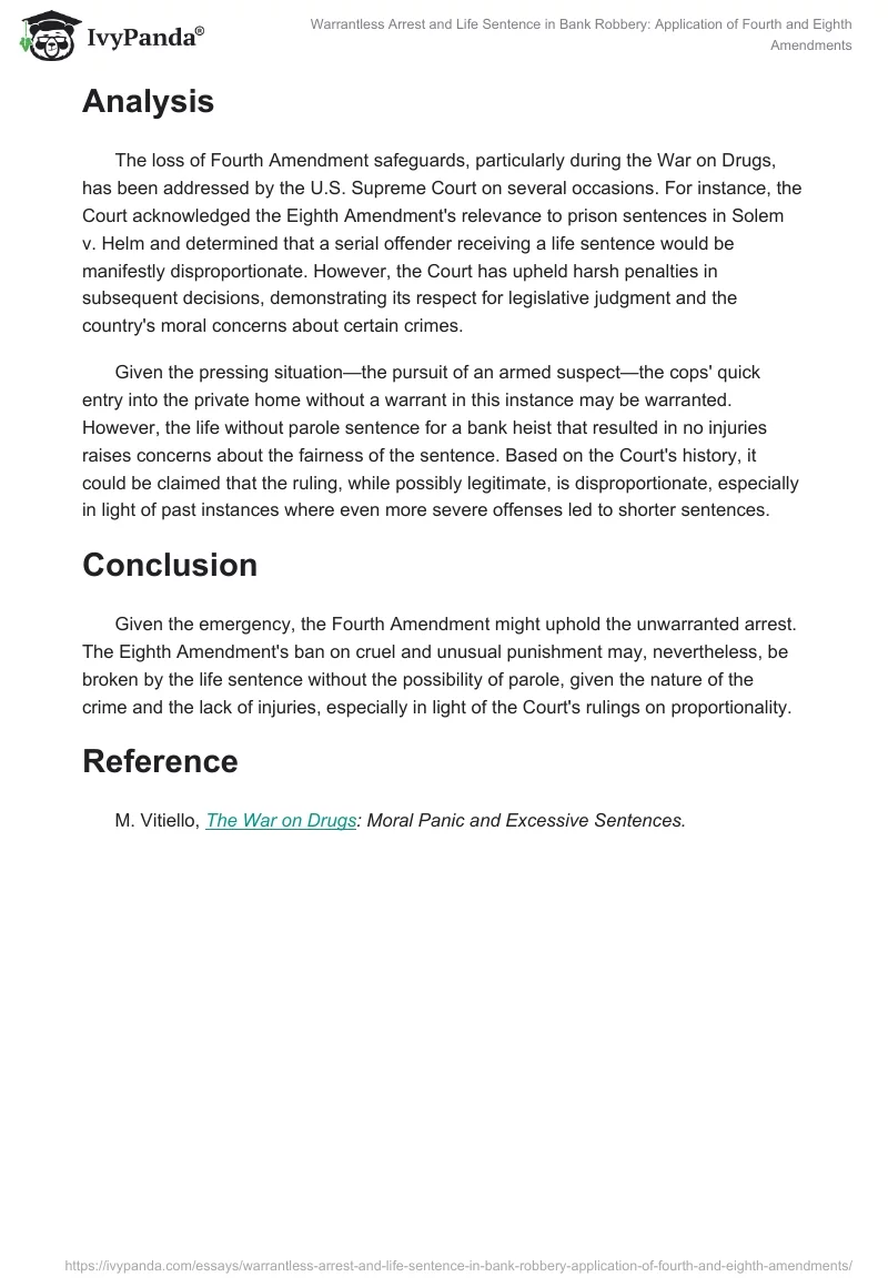 Warrantless Arrest and Life Sentence in Bank Robbery: Application of Fourth and Eighth Amendments. Page 2