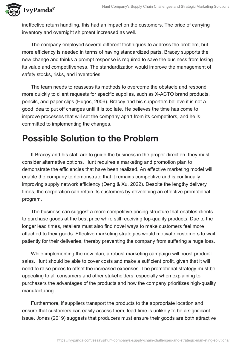 Hunt Company's Supply Chain Challenges and Strategic Marketing Solutions. Page 2