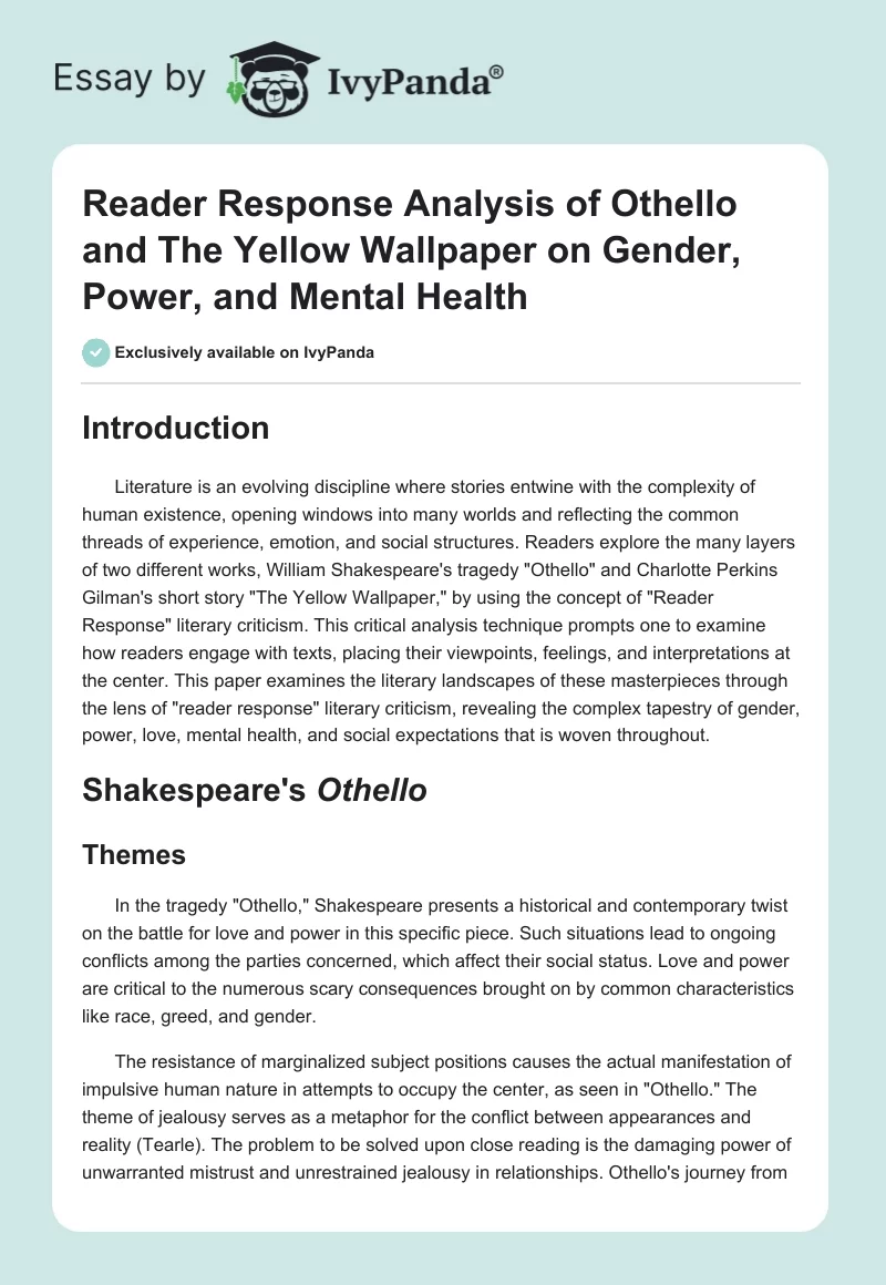 Reader Response Analysis of Othello and The Yellow Wallpaper on Gender, Power, and Mental Health. Page 1