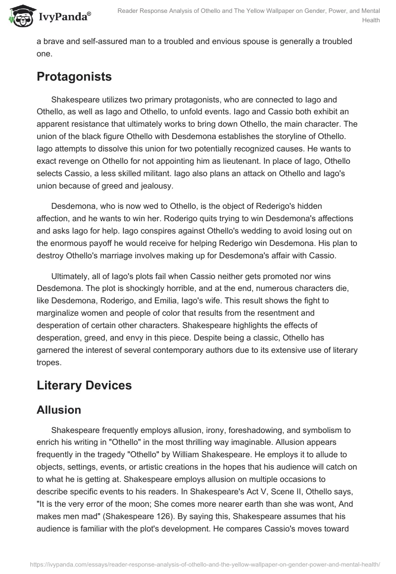 Reader Response Analysis of Othello and The Yellow Wallpaper on Gender, Power, and Mental Health. Page 2