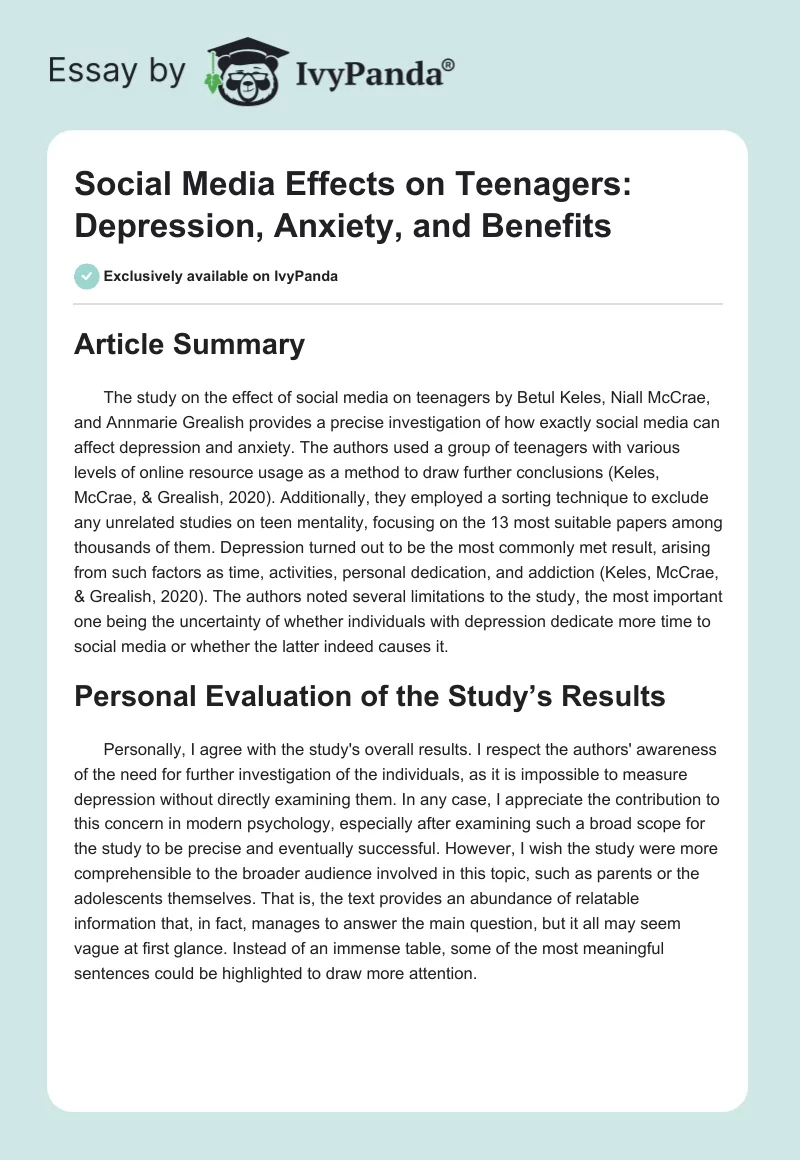 Social Media Effects on Teenagers: Depression, Anxiety, and Benefits. Page 1