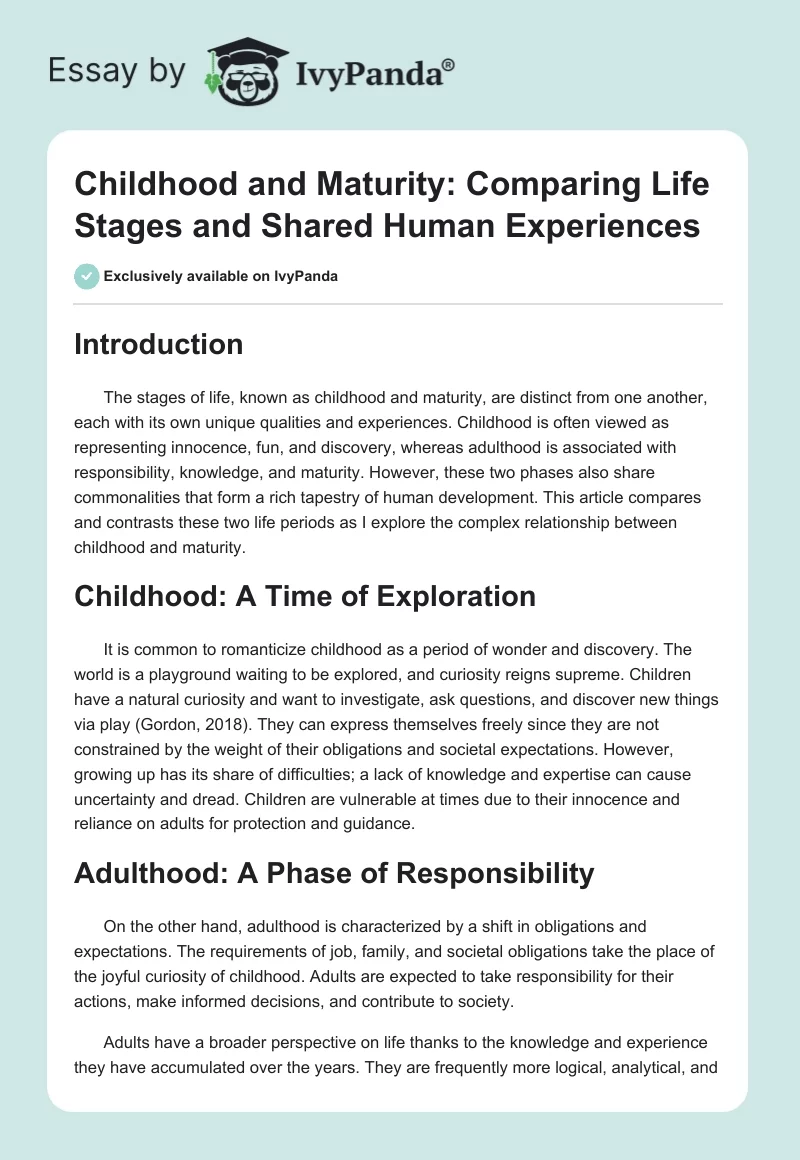 Childhood and Maturity: Comparing Life Stages and Shared Human Experiences. Page 1