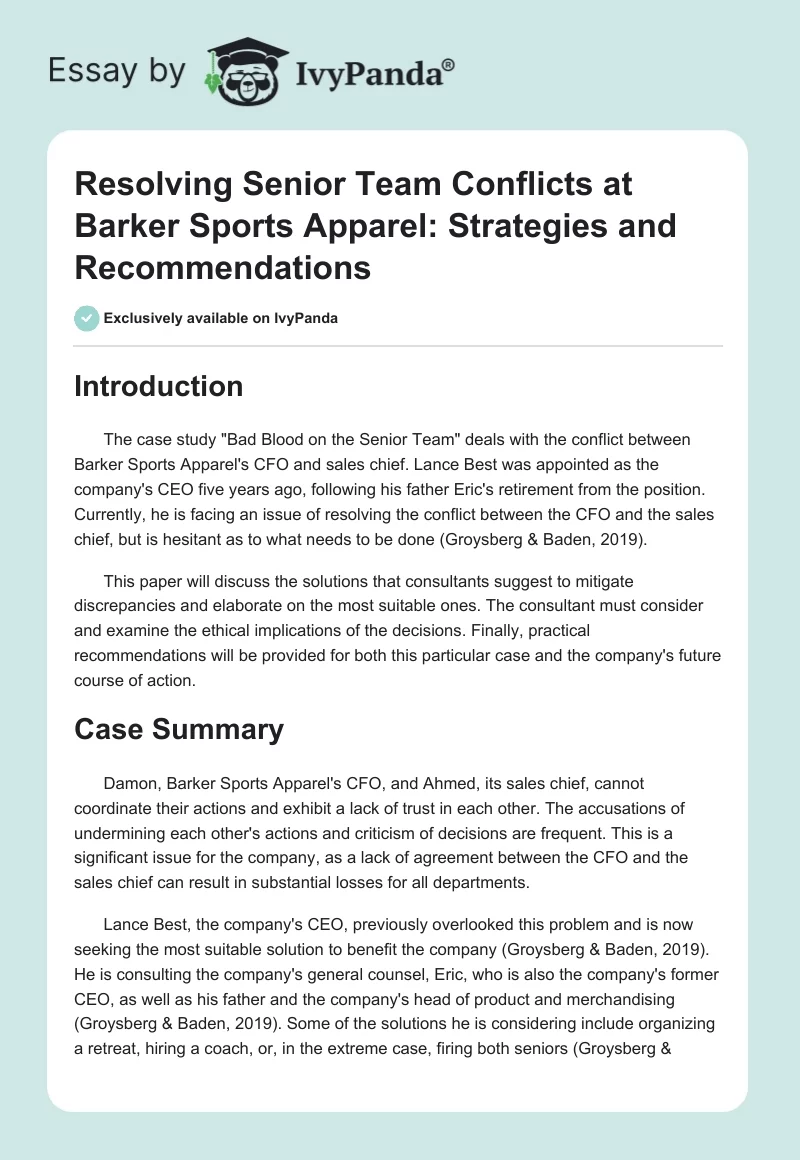 Resolving Senior Team Conflicts at Barker Sports Apparel: Strategies and Recommendations. Page 1