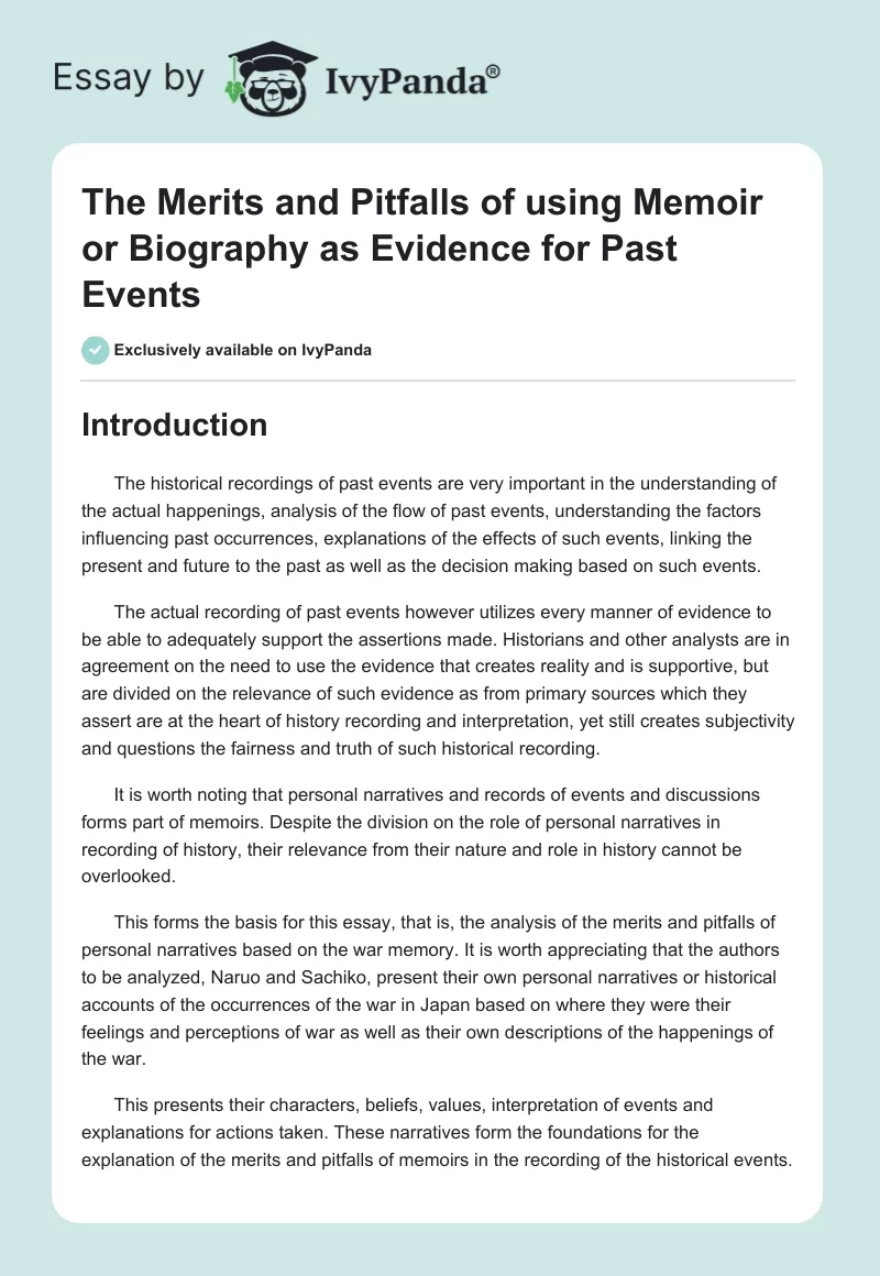 The Merits and Pitfalls of Using Memoir or Biography as Evidence for Past Events. Page 1