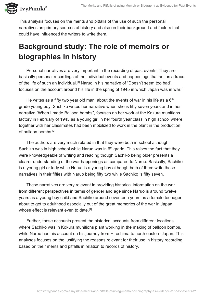 The Merits and Pitfalls of Using Memoir or Biography as Evidence for Past Events. Page 2