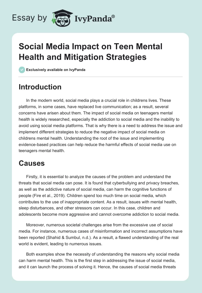 Social Media Impact on Teen Mental Health and Mitigation Strategies. Page 1