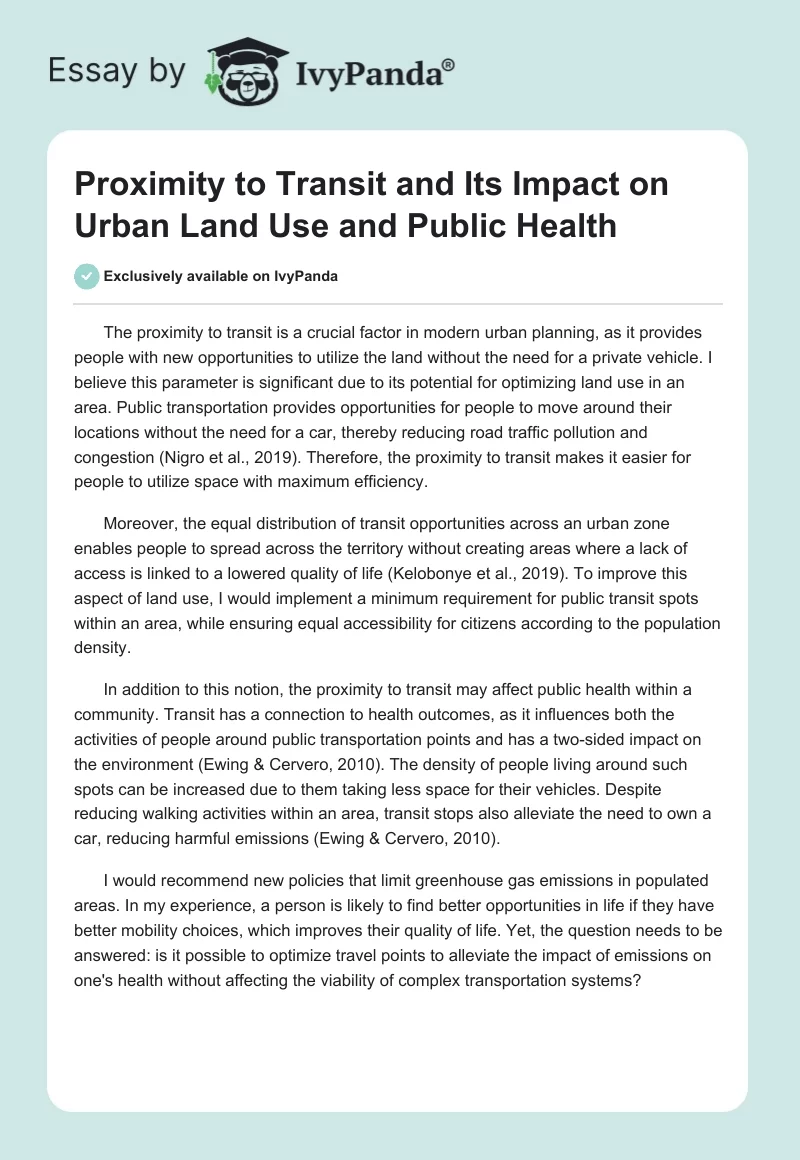 Proximity to Transit and Its Impact on Urban Land Use and Public Health. Page 1