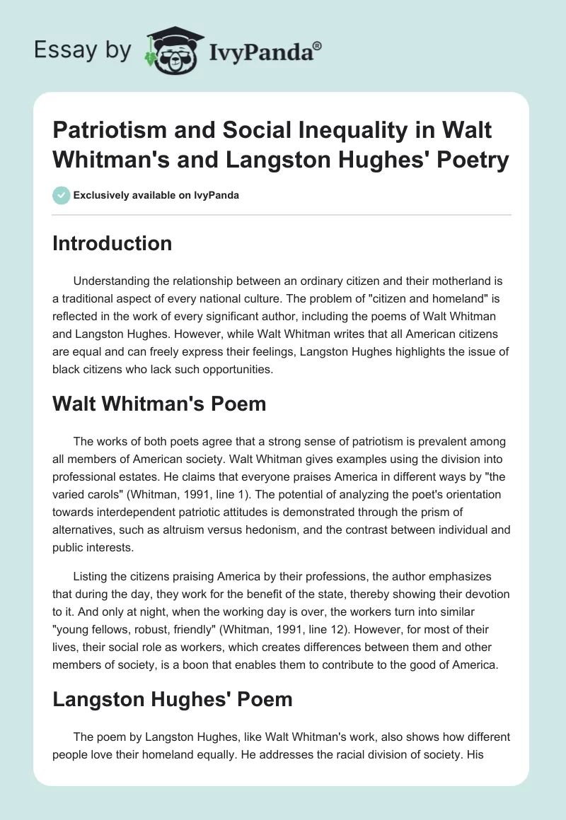 Patriotism and Social Inequality in Walt Whitman's and Langston Hughes' Poetry. Page 1