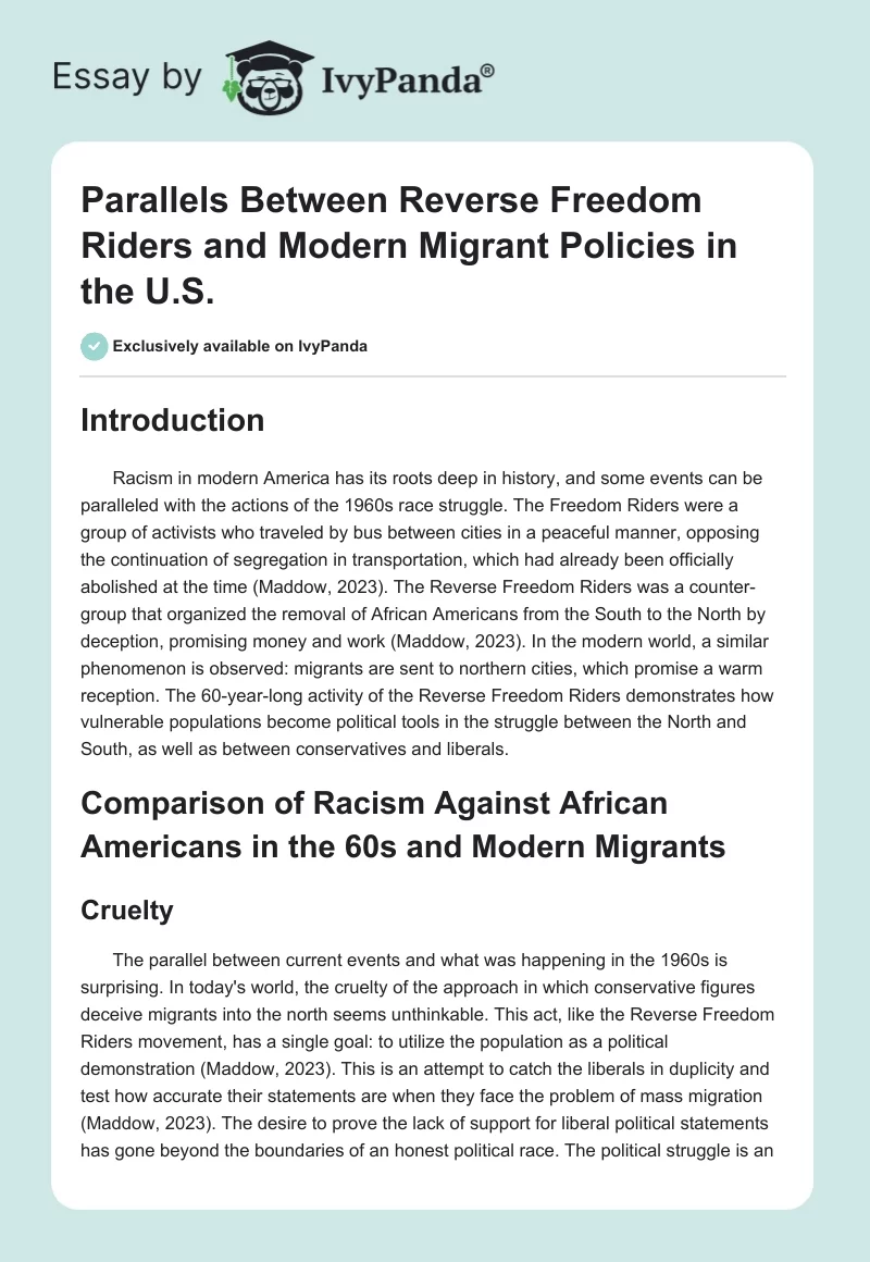 Parallels Between Reverse Freedom Riders and Modern Migrant Policies in the U.S.. Page 1