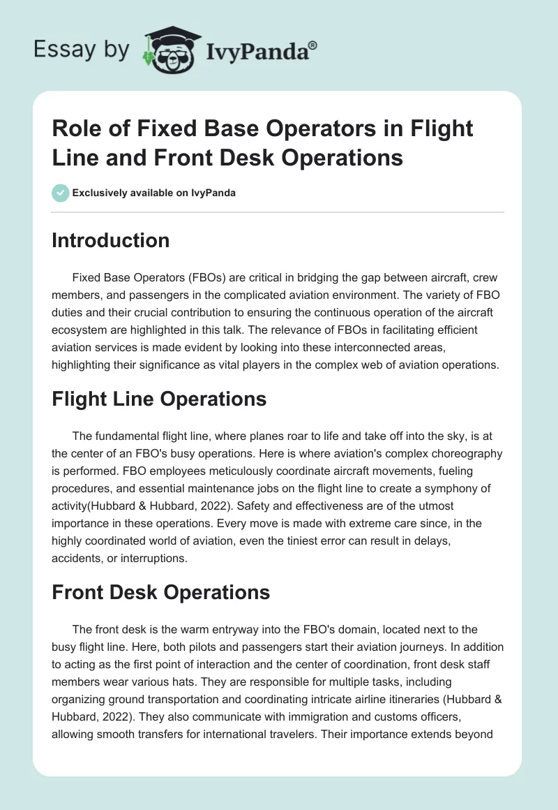 Role of Fixed Base Operators in Flight Line and Front Desk Operations. Page 1