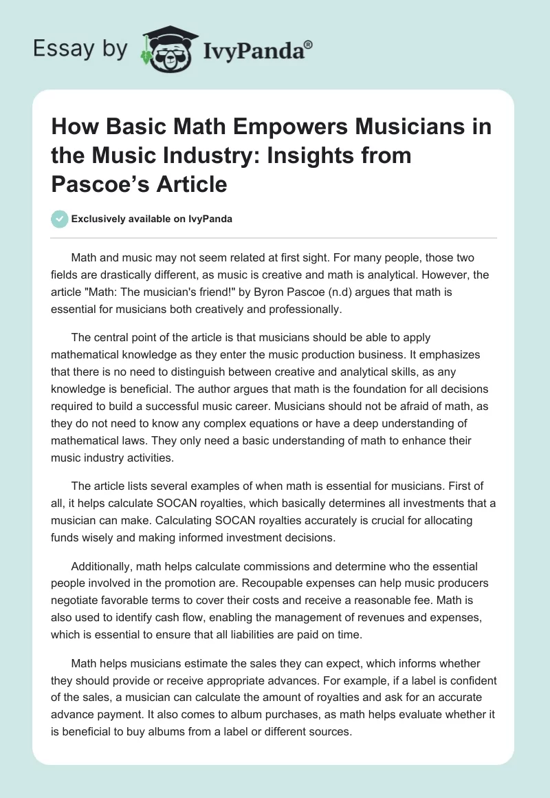 How Basic Math Empowers Musicians in the Music Industry: Insights from Pascoe’s Article. Page 1